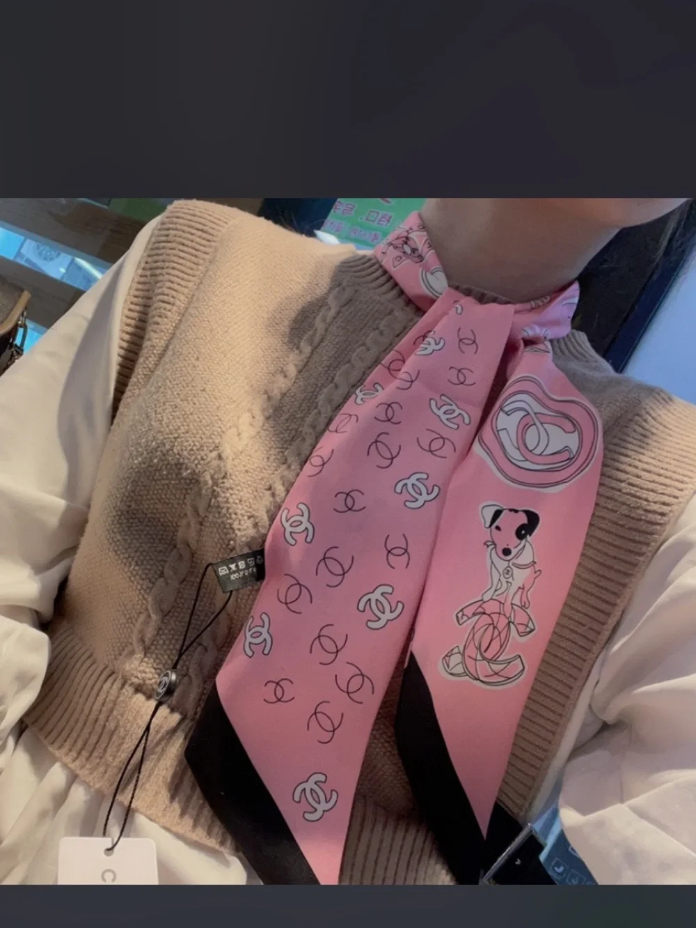 Double C Designer Pink Black Letter Logo Dog Twilly Silk Scarf